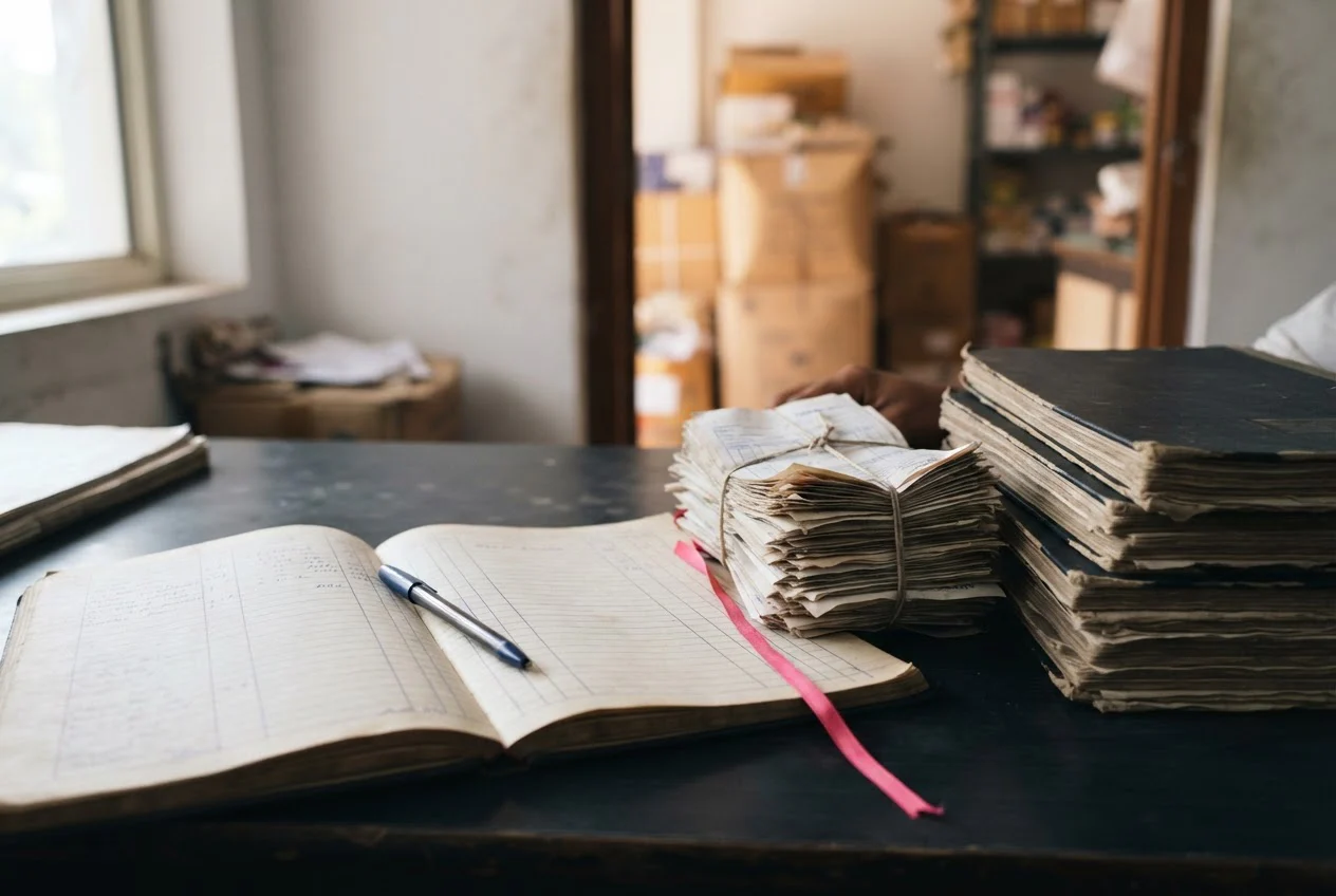 A desk with paper ledgers and receipts, with a stockroom of cartons visible through a doorway behind it.