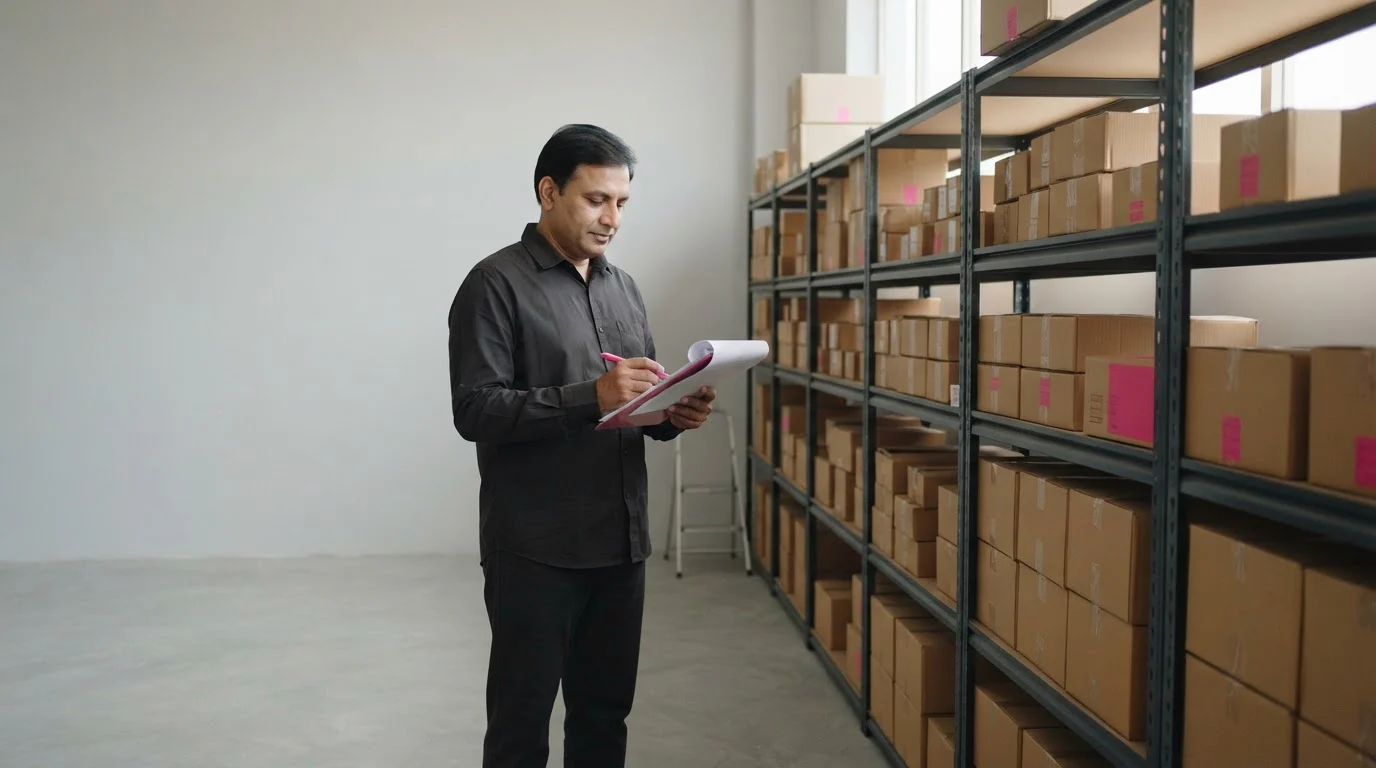 A shopkeeper in a stockroom checks a clipboard beside shelves stacked with cartons.