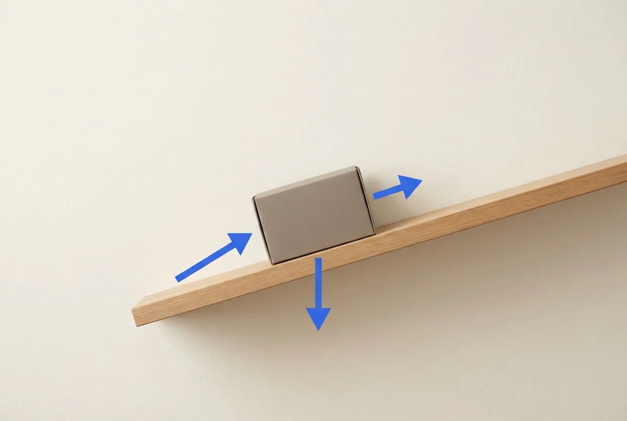 A box on a tilted plank with three arrows showing weight, the push from the surface and friction along the slope.