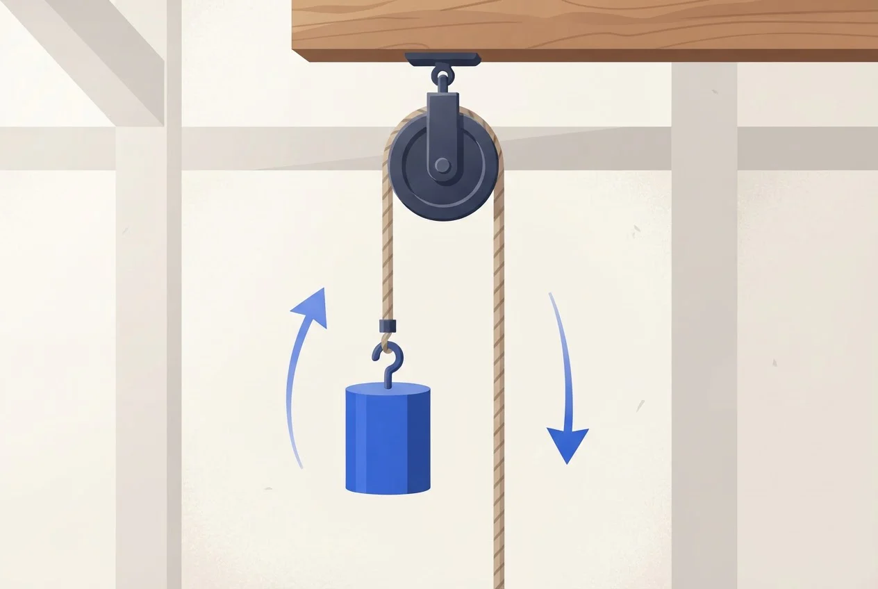 A weight hanging from a rope over a pulley, with arrows showing upward and downward directions of motion.