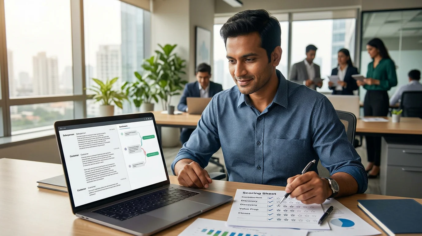 Sales call quality scoring rubric beside a transcript