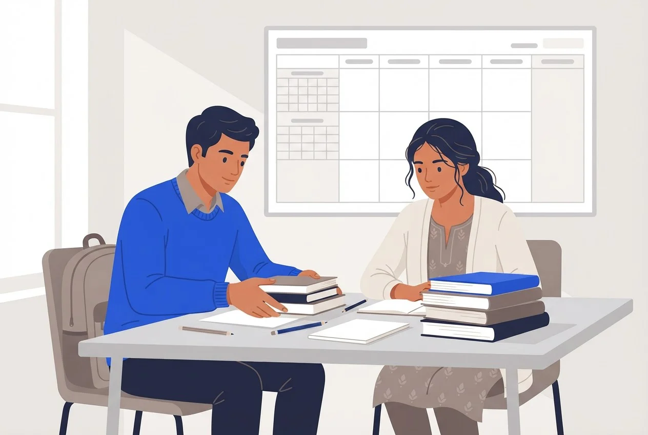 Two students at a table deciding between one pile of books and two while looking at a blank planner.