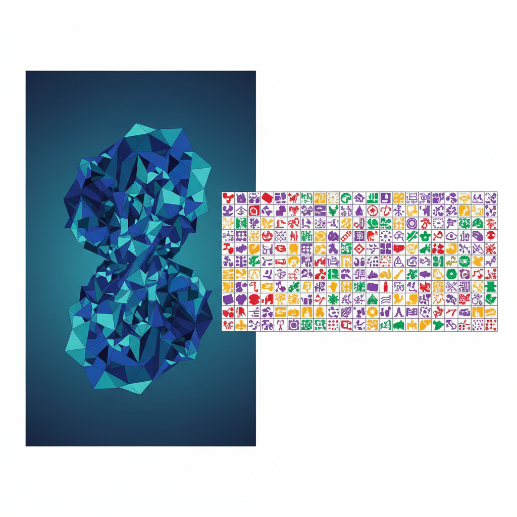 A side-by-side comparison of a deep, intricate 3D geometric structure and a wide, expansive grid of diverse smaller shapes, representing depth versus breadth.