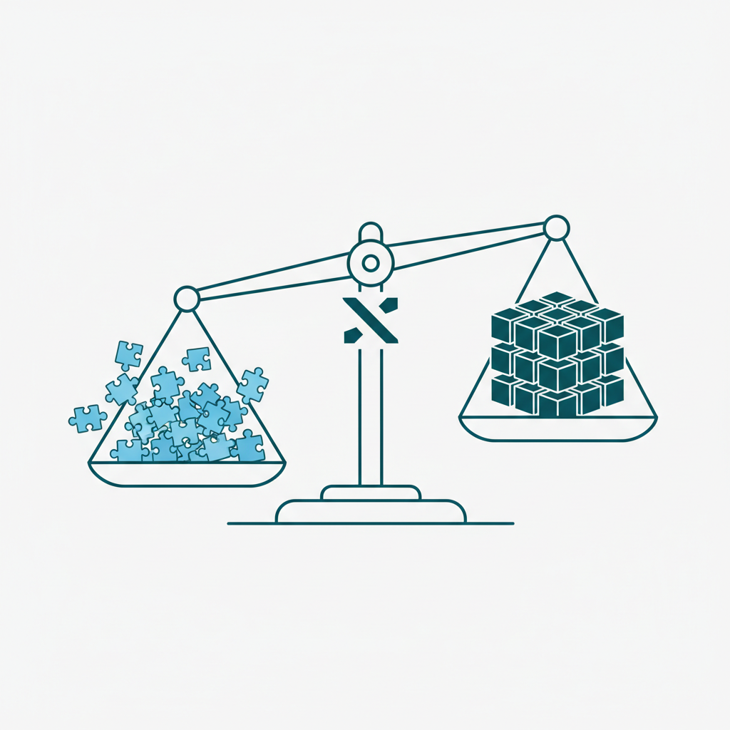 A balanced scale weighing loose puzzle pieces against a solid, structured interlocking cube, representing the mix of free and paid study resources.