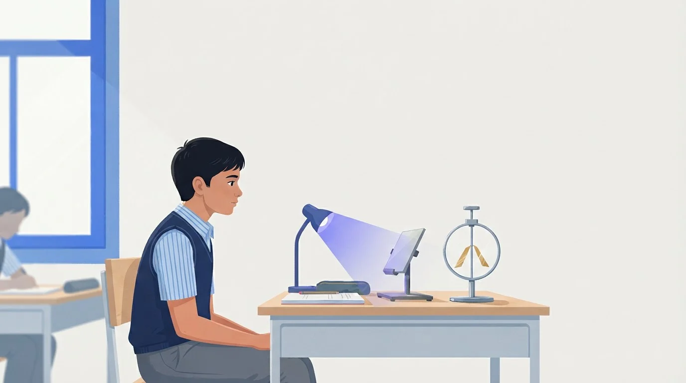 A student watches a lamp shine on a metal plate connected to an electroscope whose leaves have lifted apart.