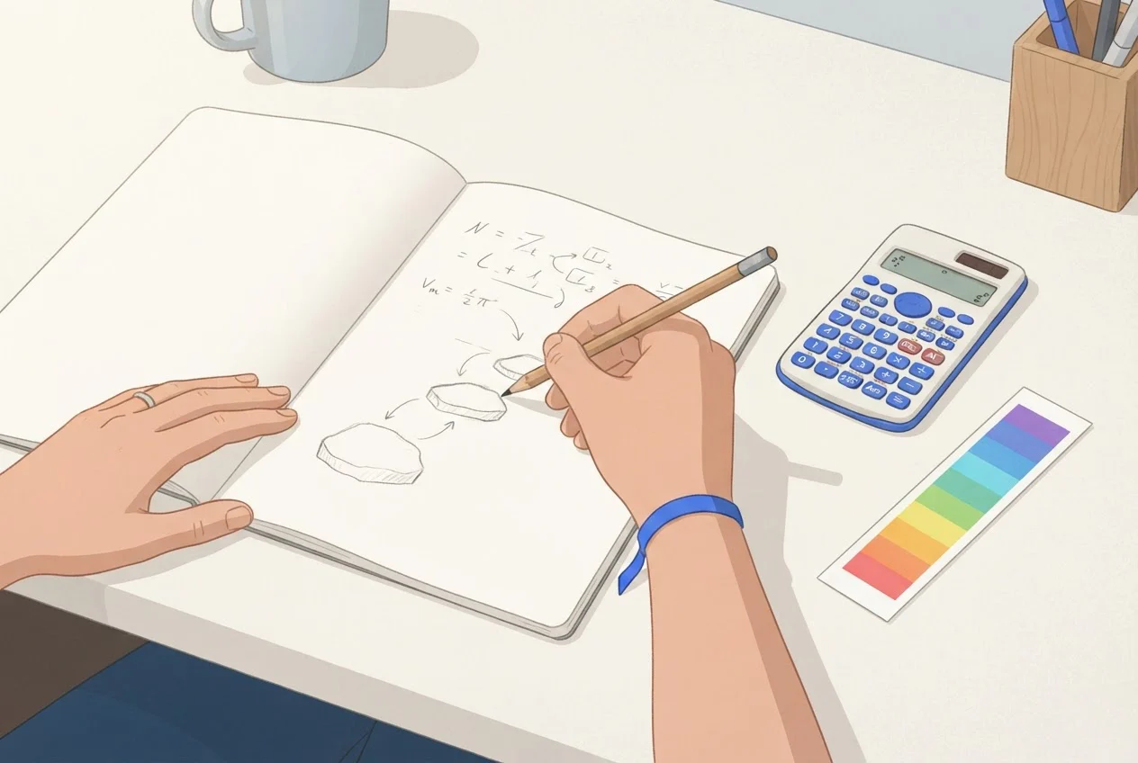A student's hands solve a physics problem in a notebook beside a calculator and a strip of coloured light.