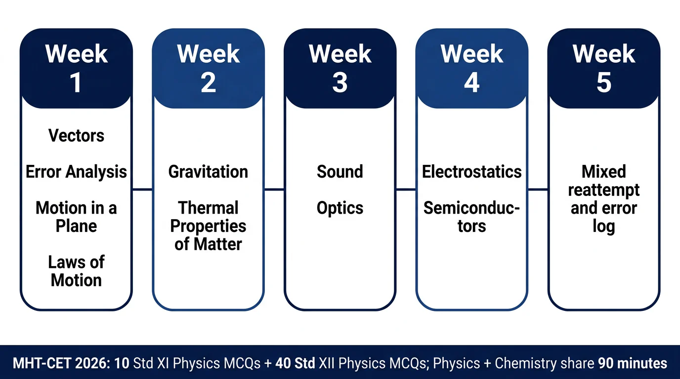A five-week editorial route through the official MHT-CET 2026 Class XI Physics units, ending with the shared Physics-Chemistry time constraint.