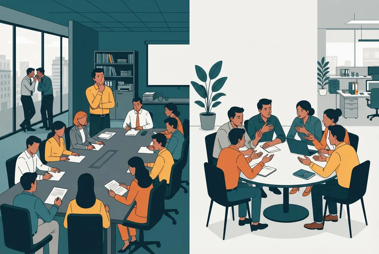 A crowded boardroom with side conversations in the corridor, beside a smaller table of six people engaged together.