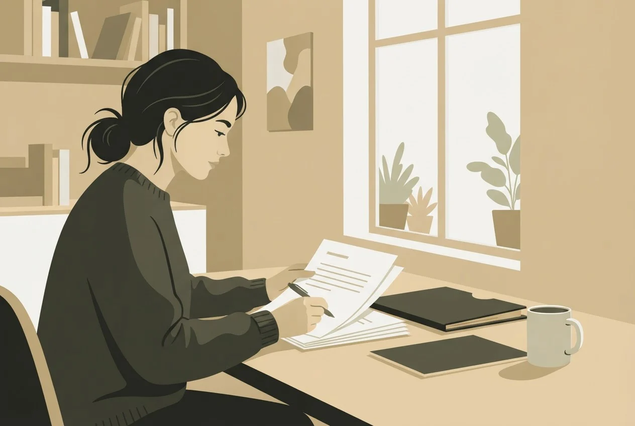 A person at a desk carefully reviewing paper documents with a pen before making a decision.