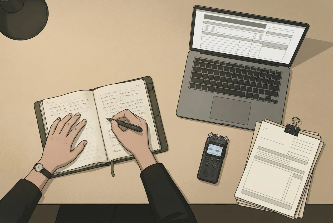 An investigator's hands writing in a notebook beside a laptop, an audio recorder and clipped pages on a desk.
