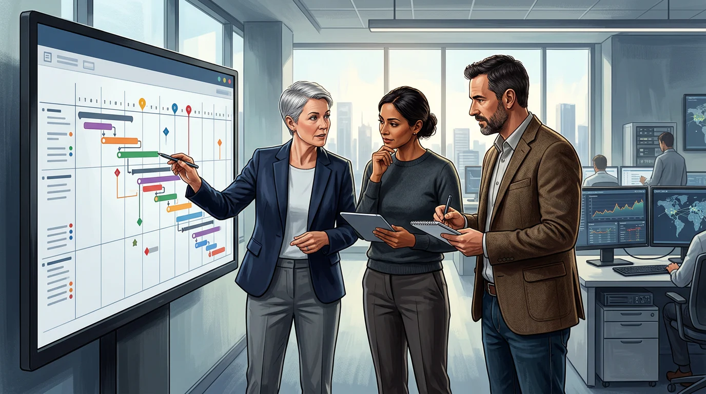 Three program managers reviewing a staggered certification calendar