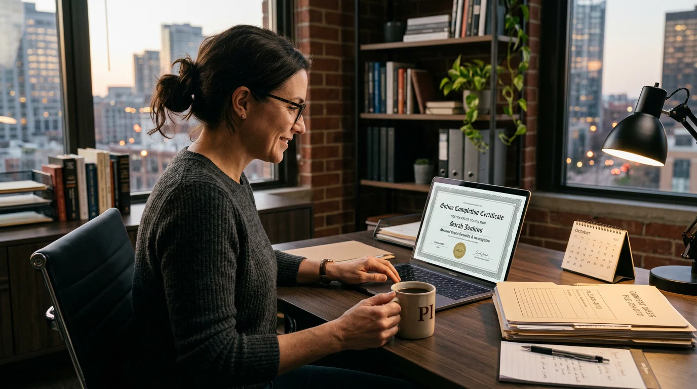 Investigator reviewing a digital completion certificate