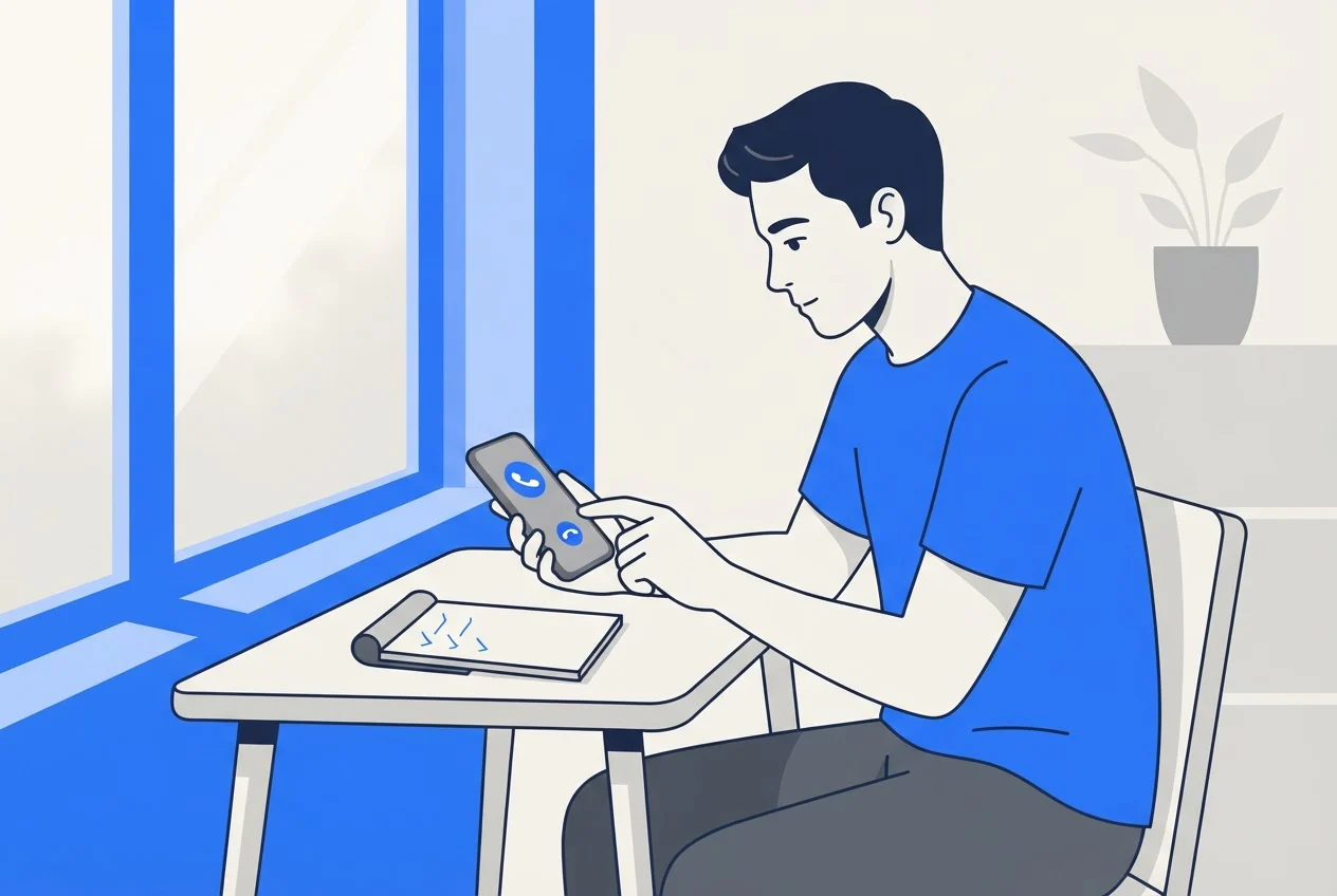 A man at a desk looks at a missed call on his phone and prepares to ring the customer back.