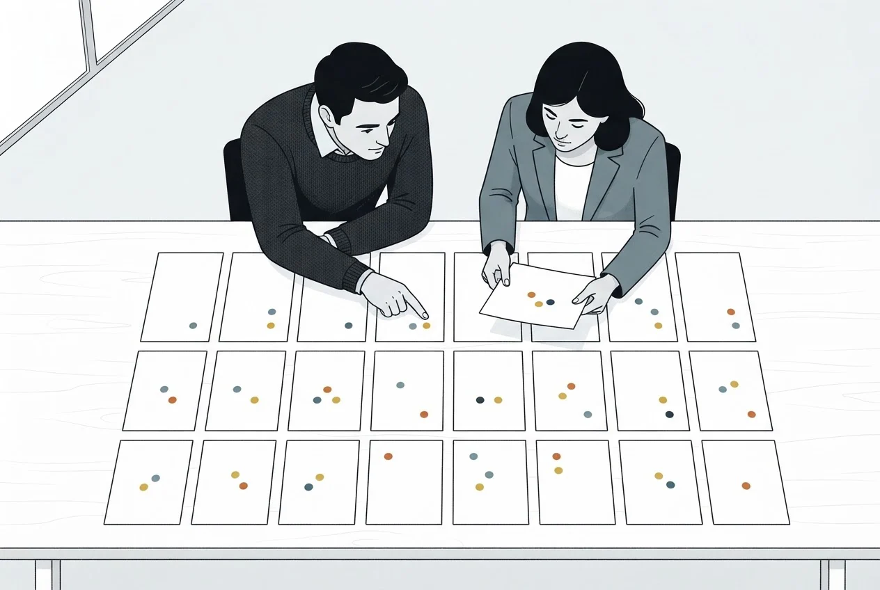 Two analysts compare a grid of paper sheets on a table, each sheet marked with a different pattern of dots.