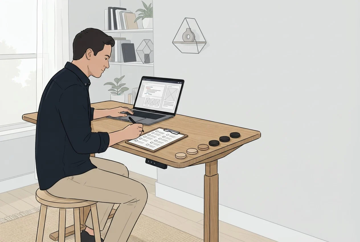 A web developer at a standing desk works through a blank checklist beside a row of eight small tokens, some light and some dark.