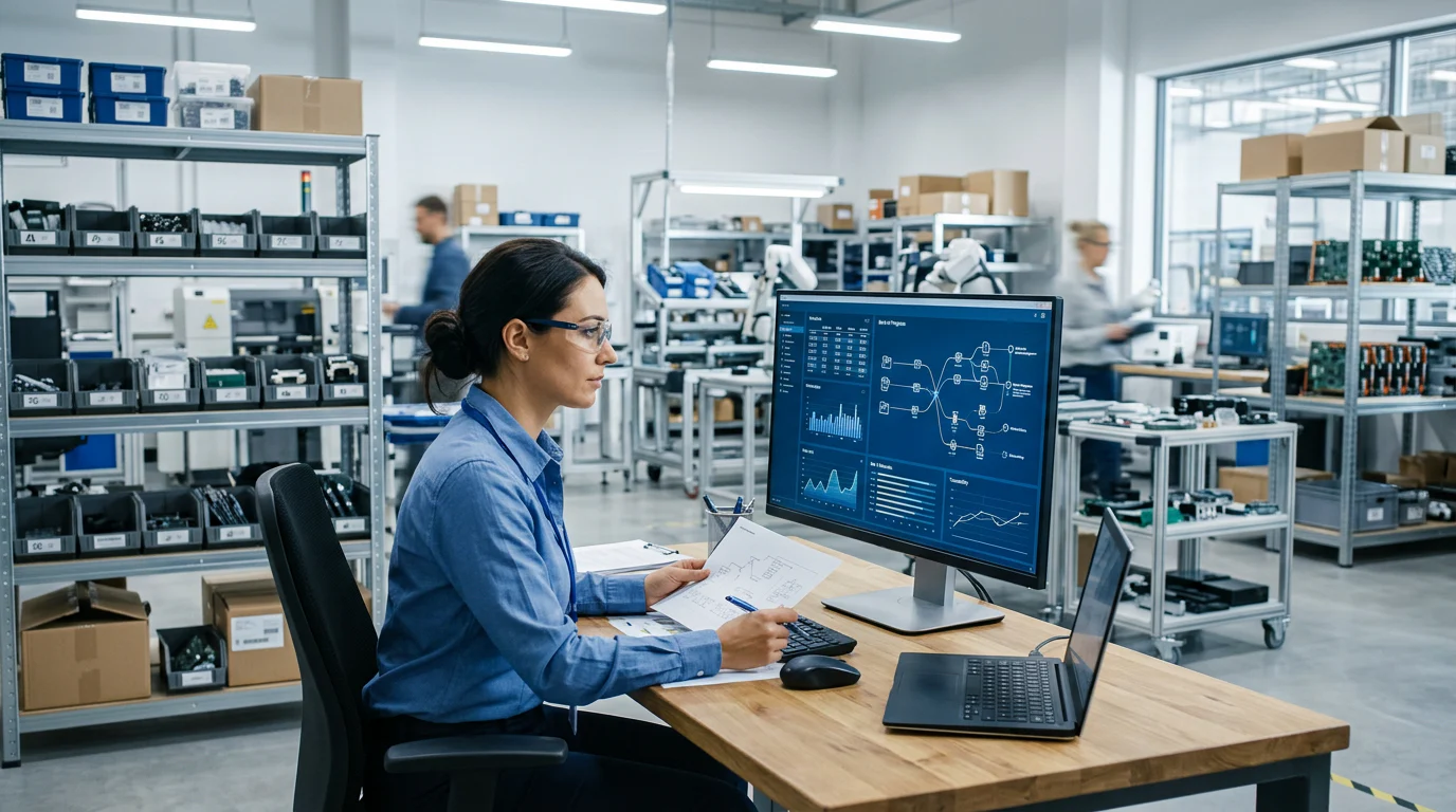Production planner analyzing serialized component and finished-goods dashboard