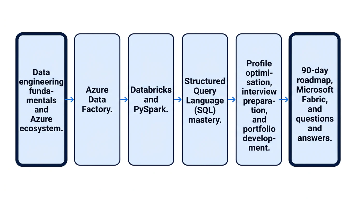 A six-step left-to-right learning path from Azure foundations through tools, career preparation, Microsoft Fabric, and questions and answers.