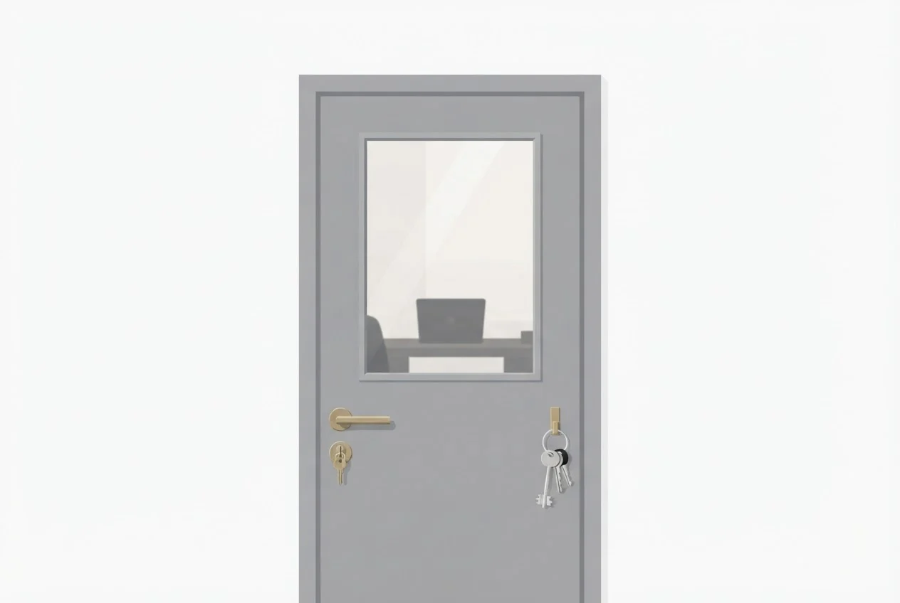 A key in the lock of an office door beside a hook holding several keys, one much larger than the others.
