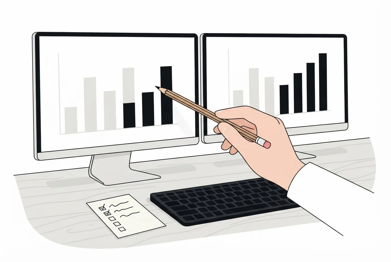 A person compares two matching bar charts on side-by-side monitors with a pencil, next to a ticked checklist.