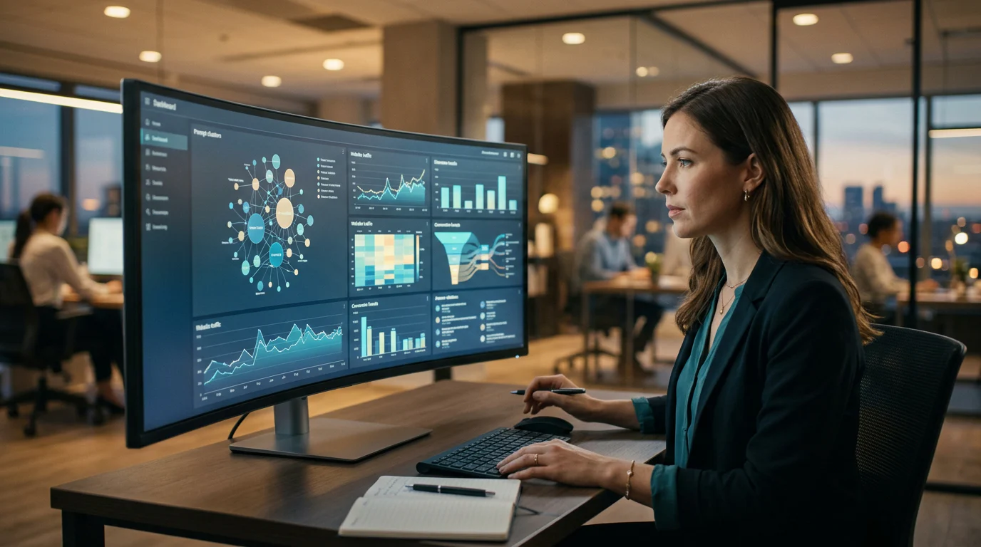 Measurement dashboard connecting AI answer visibility with qualified conversion outcomes