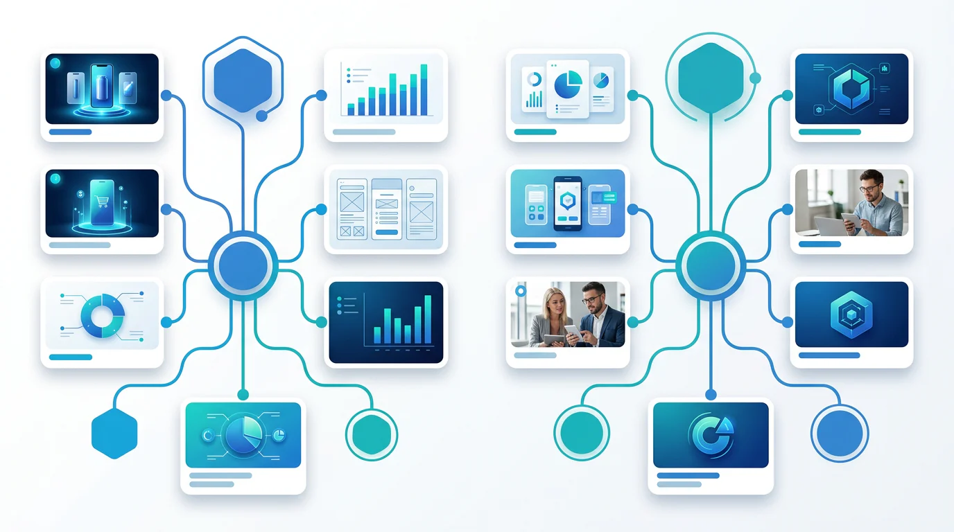 Creative family diagram showing many visible ad cards grouped under two underlying concepts
