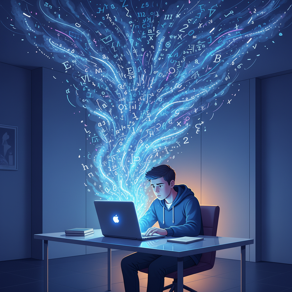A student at a desk looking at a laptop screen with a dense, overwhelming cloud of mathematical equations floating out, symbolizing a crowded online classroom.