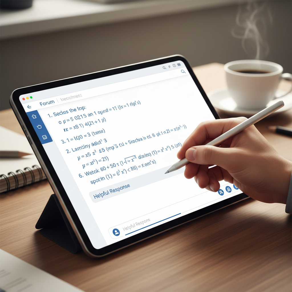 A hand using a stylus to write a step-by-step math proof on a tablet screen, showing a clean digital doubt-clearing forum.