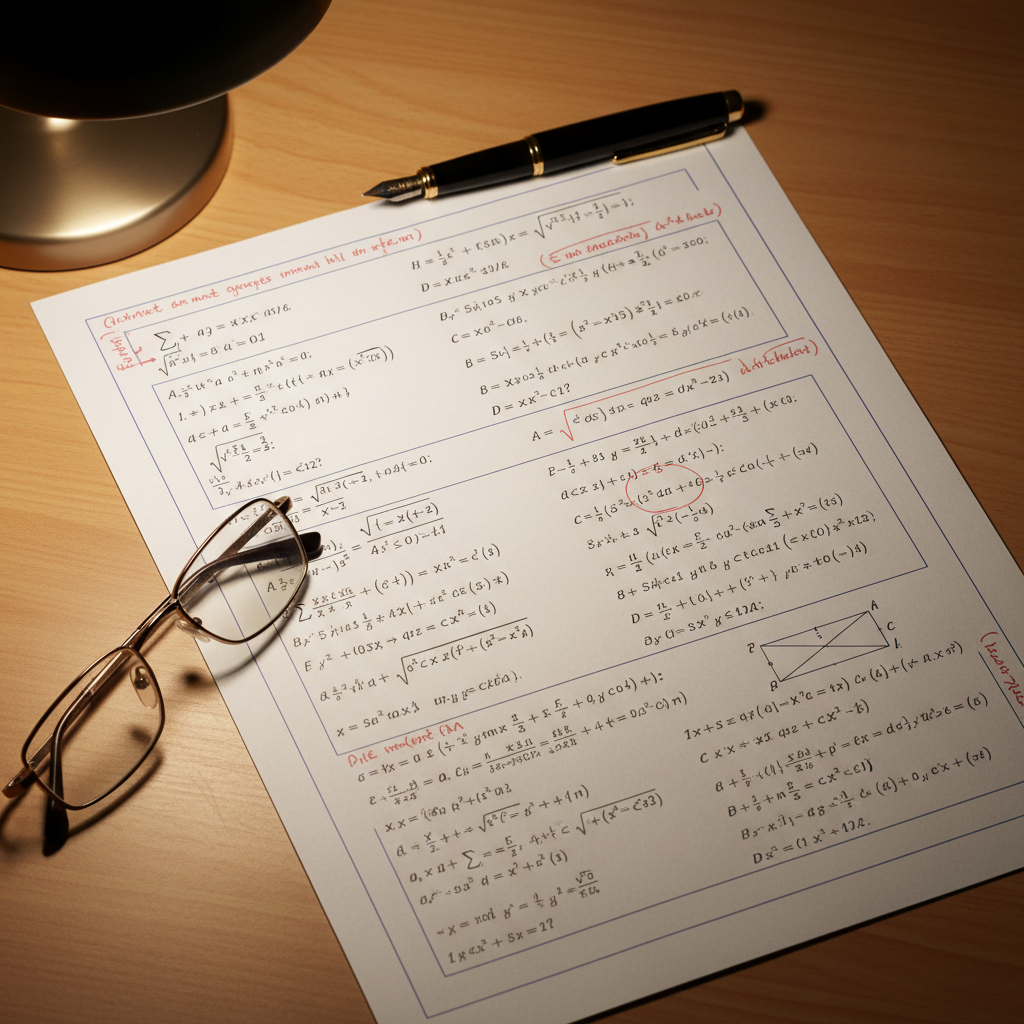 A printed mathematics exam paper on a desk with detailed, handwritten feedback and corrections in the margins.