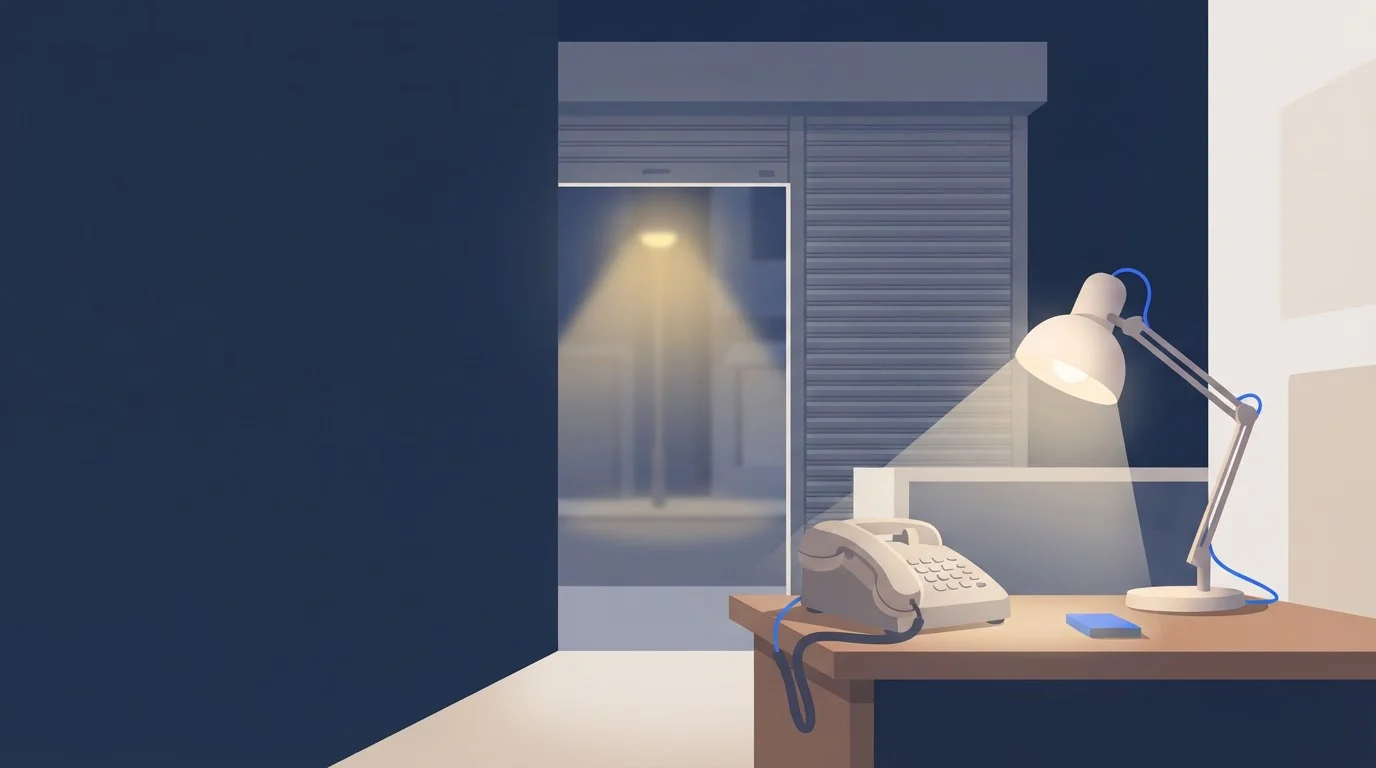 A quiet clinic reception desk at night with a desk phone and a lit lamp after closing time.
