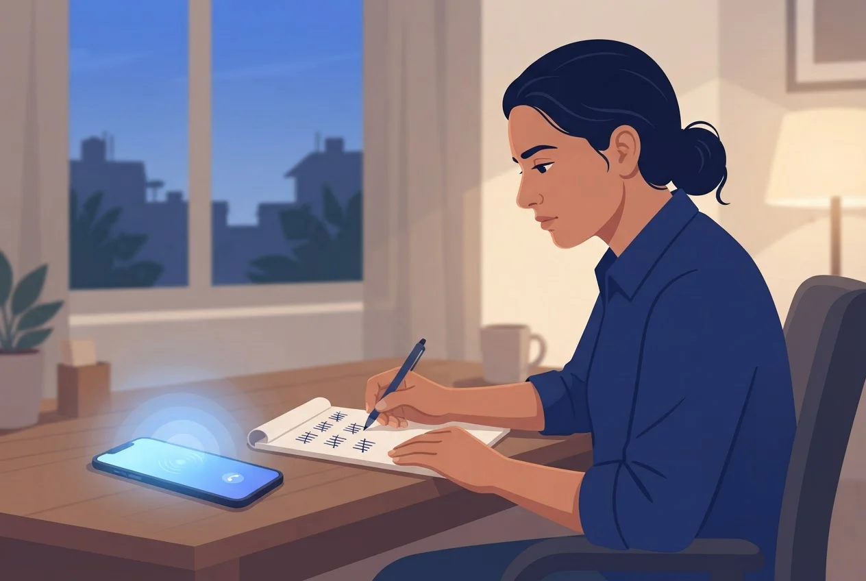 A business owner at a desk in the evening making tally marks on a notepad while a phone rings beside it.