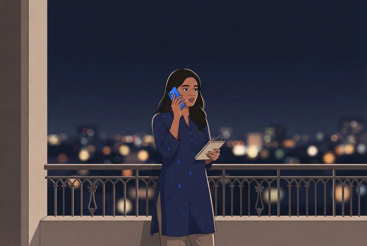 A woman on a night-time balcony making a test phone call while holding a notepad.