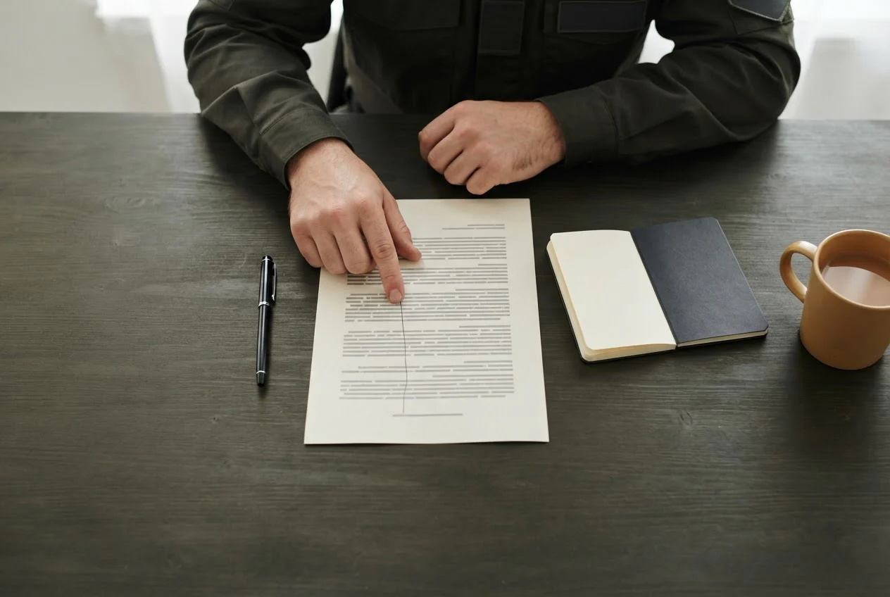 A security officer's hands review a printed report at a desk beside a field notebook and a pen.