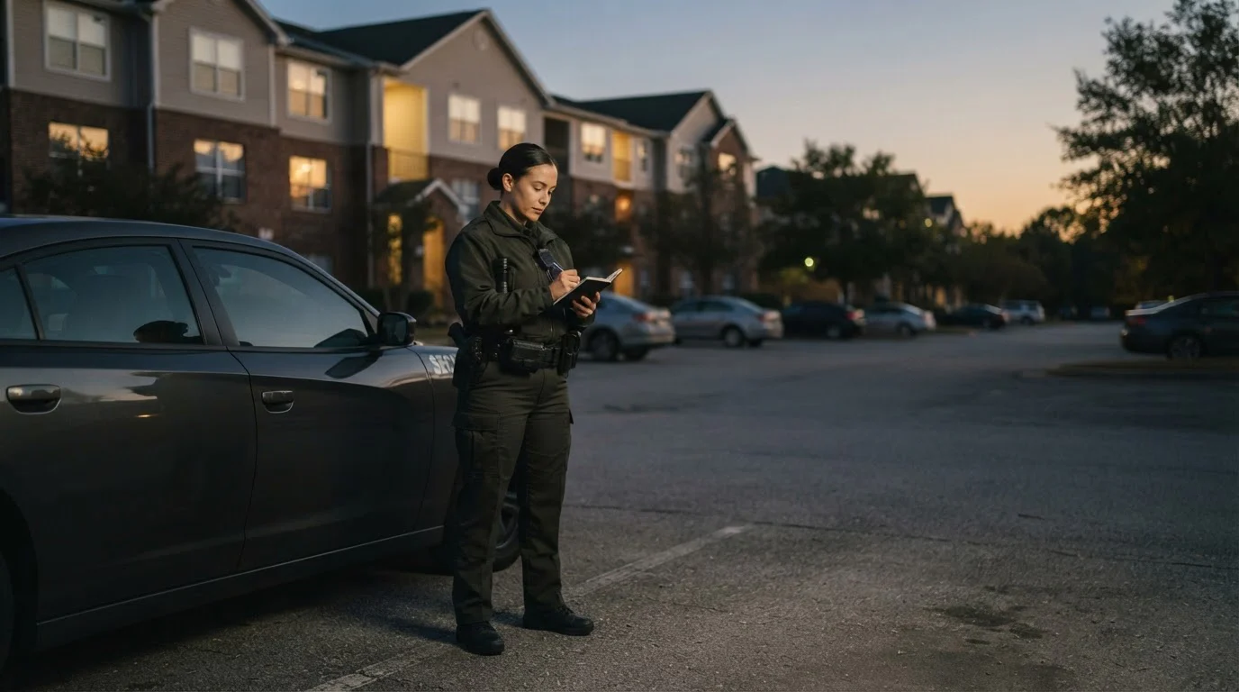 A security officer in uniform writes in a pocket notebook beside a parked car in an apartment-complex parking lot at dusk.
