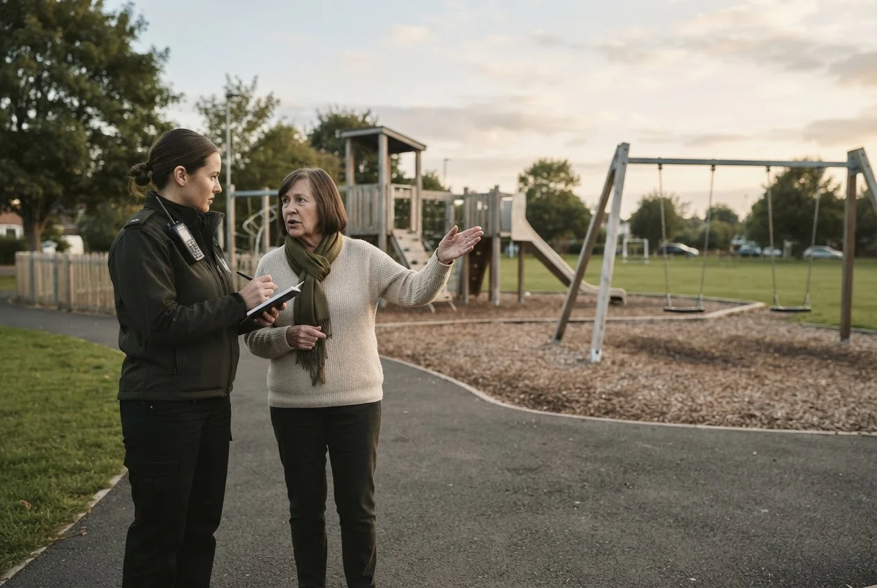 A security officer takes notes in a small notebook while a resident points toward a playground swing set.