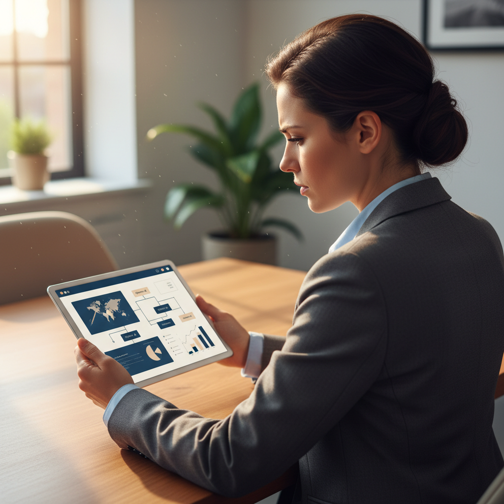 A business professional analyzing complex data charts and scenario options on a tablet.