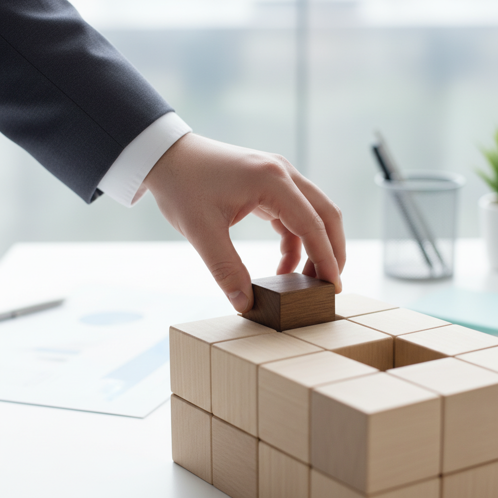 A conceptual representation of tailored solutions, showing a hand placing a perfectly fitting puzzle piece into a structured grid.