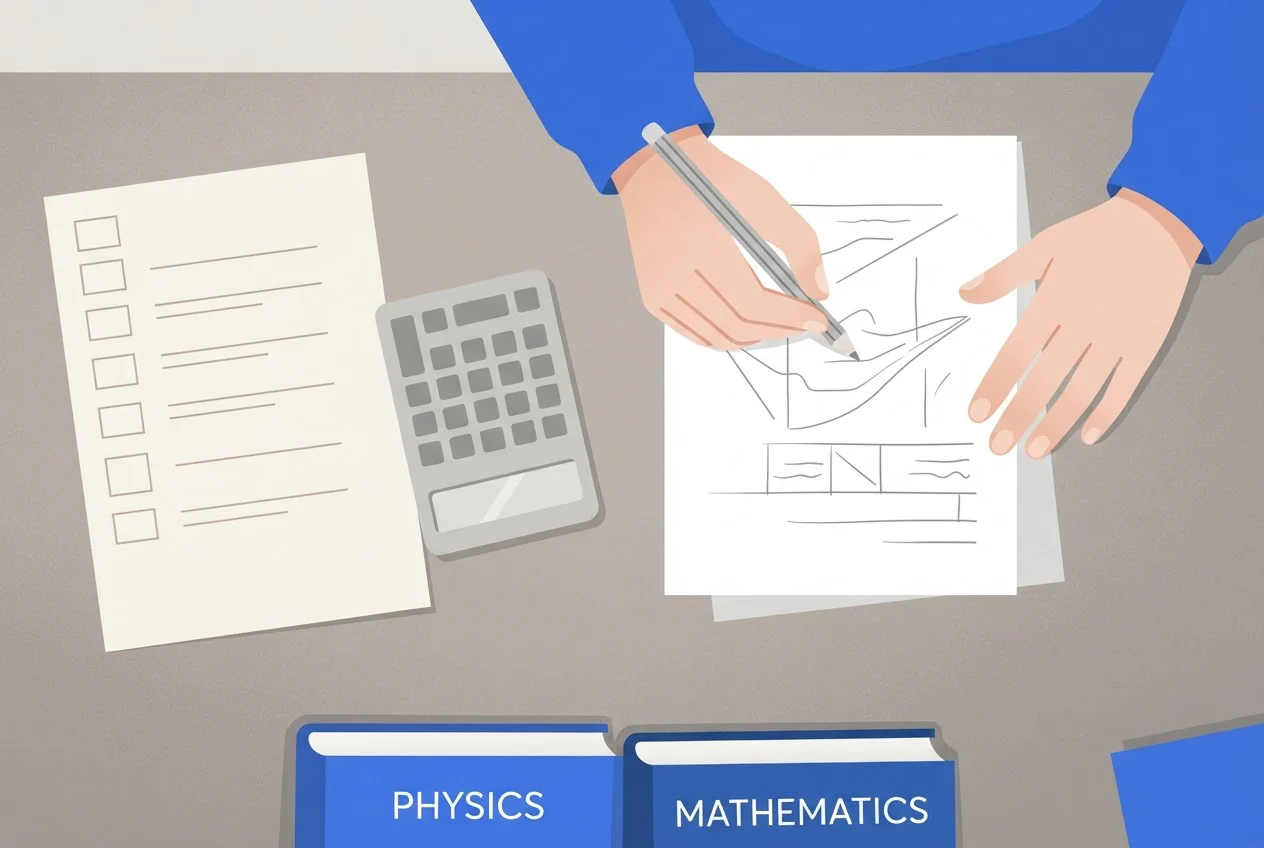 A student's hands work out marks on paper with a pencil and calculator beside a marksheet and two textbooks.