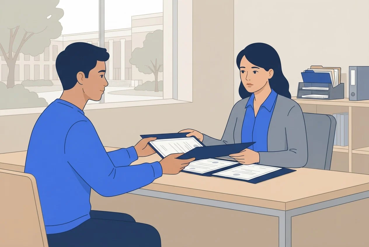 A student hands a folder of certificates to a staff member who checks them at an admission counter.