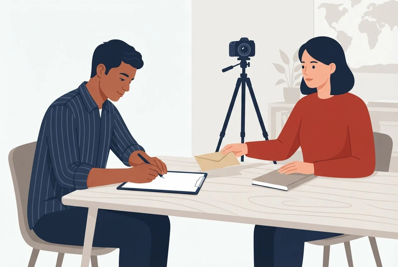A participant signs a consent sheet in a research room while a moderator passes him a payment envelope and a camera stands in the corner.