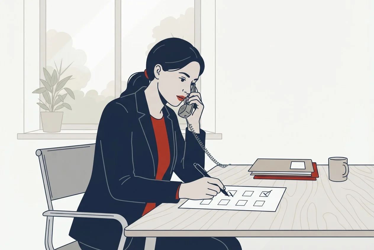 A recruiter on a phone call ticks boxes on a printed screening sheet at her desk.