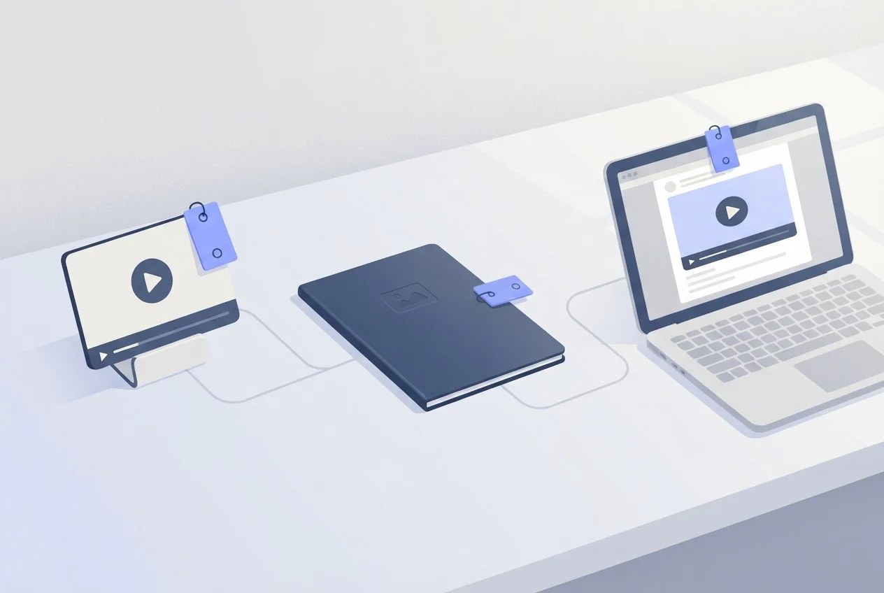 One creative card, a folder and a laptop ad preview each carry the same small coloured tag.