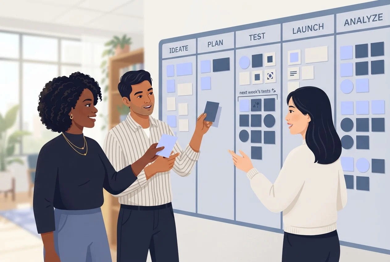 Three marketers move colour-grouped creative cards across columns on a planning wall board.