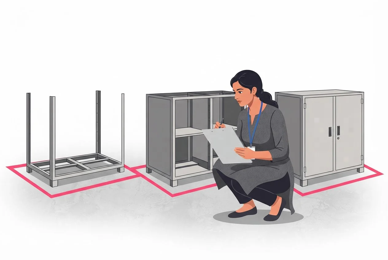 A supervisor with a clipboard looks at half-built steel cabinet frames standing in three floor bays at different stages of completion.