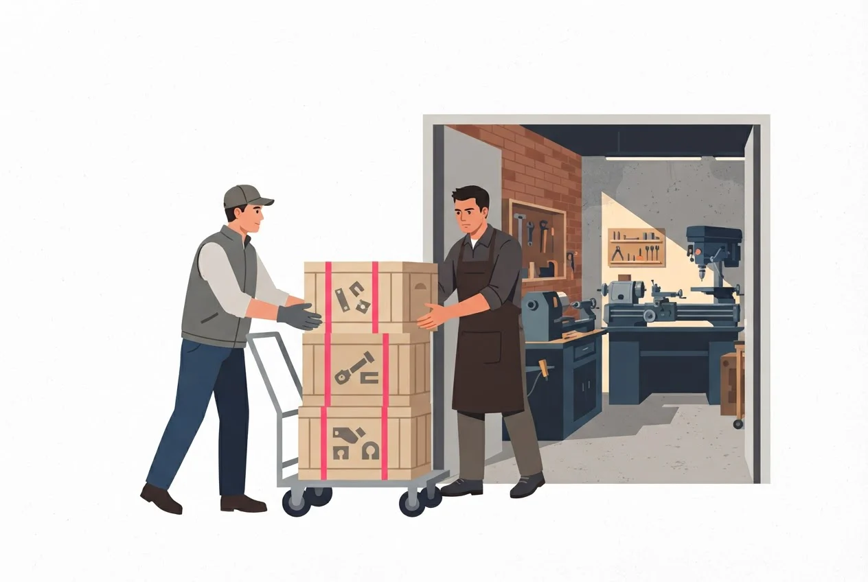 A man hands crates of cut metal parts from a hand-cart to a job worker at the door of a small workshop.