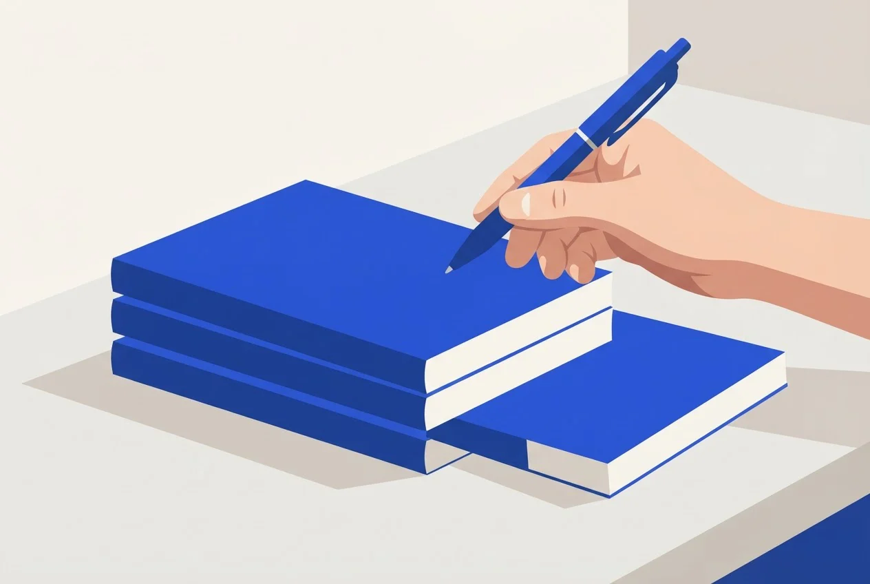 A hand holds a pen above four answer booklets, three stacked high and one sitting lower than the others.