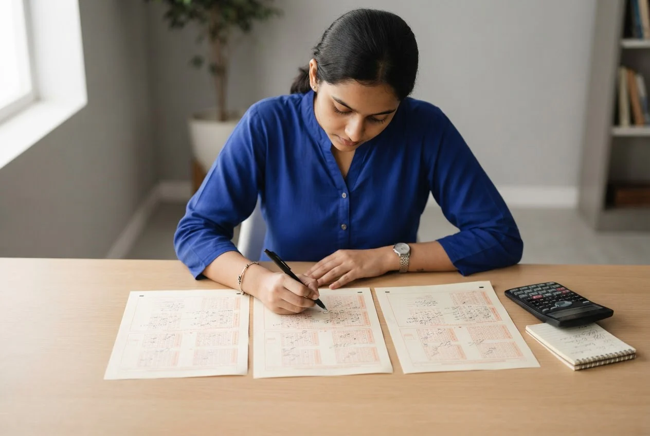A student compares three completed mock test papers side by side on a desk, pen in hand, with a calculator nearby.