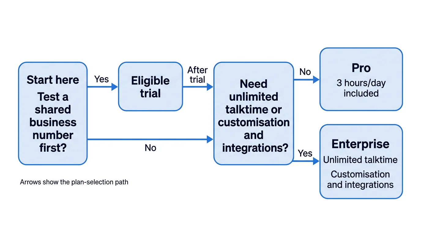 Decision flow showing when an Indian team should use the eligible trial, Pro, or Enterprise TalkEasy route.