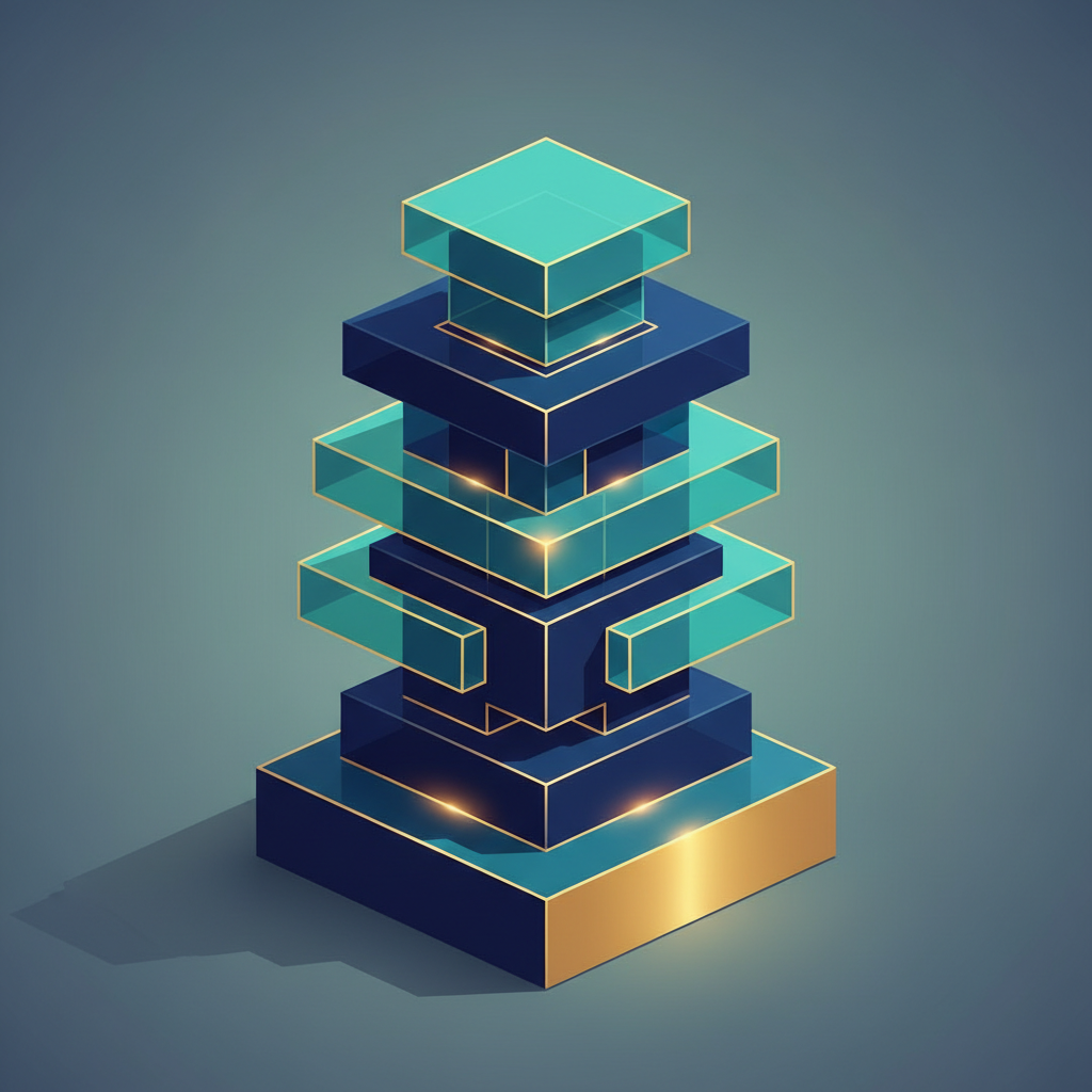A conceptual, multi-layered vertical stack of geometric shapes representing mathematical topics building on top of each other.