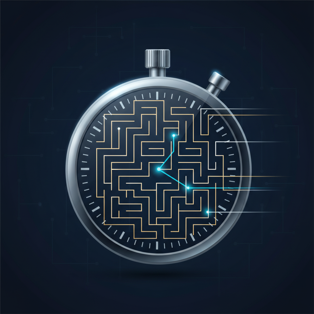 A stylized stopwatch merging with a geometric maze, representing timed mathematical problem-solving under exam pressure.