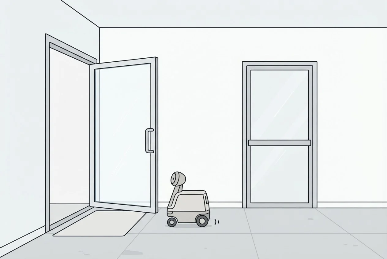 A small scanning robot approaches an open door next to a second door that is barred shut.